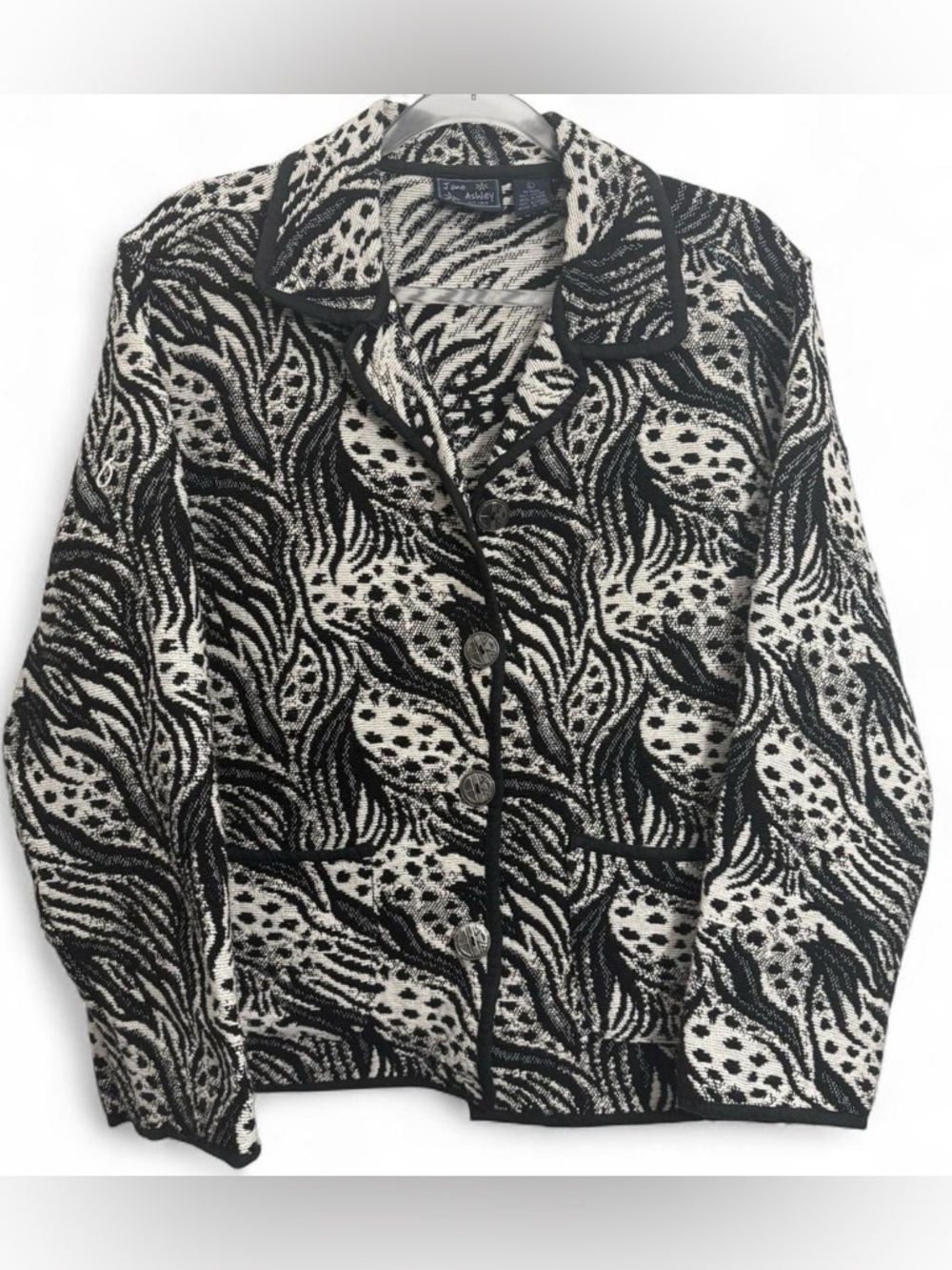 vintage Jane Ashley tapestry zebra spotted black white abstract jacket blazer